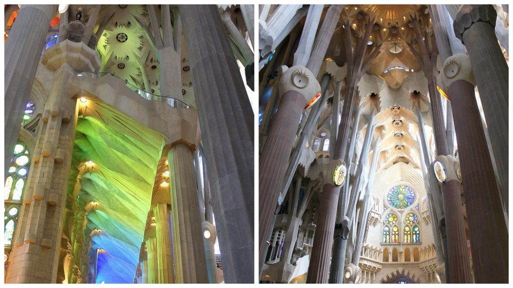 Intérieur de la sagrada Familia à Barcelone. Spectacle de couleur avec les superbes vitraux. 