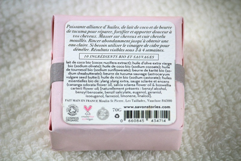 composition shampoing solide au lait de coco de chez savon stories. Un savon zéro déchet bio, vegan et cruelty free. 