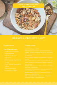Fiche recette pour faire un granola croustillant maison. Une recette saine et gourmande pour le petit déjeuner. 